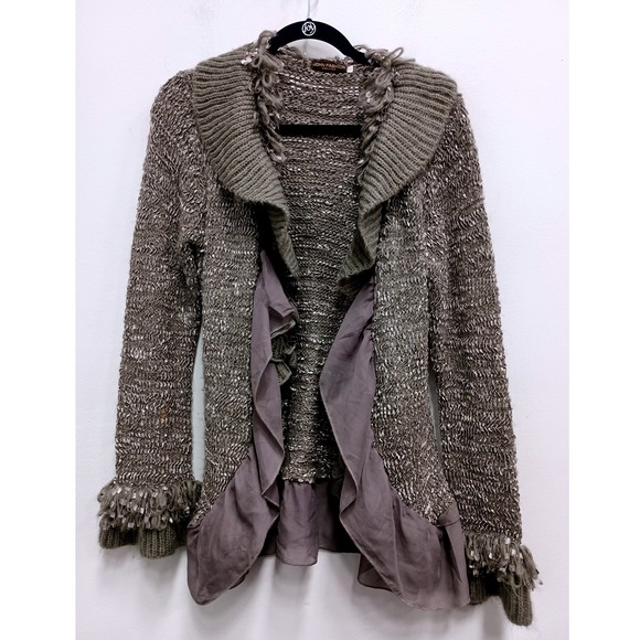 John Fashion Sweaters - John Fashion Ruffle BOHO Cardigan Womens Large Taupe Shimmer Toggle